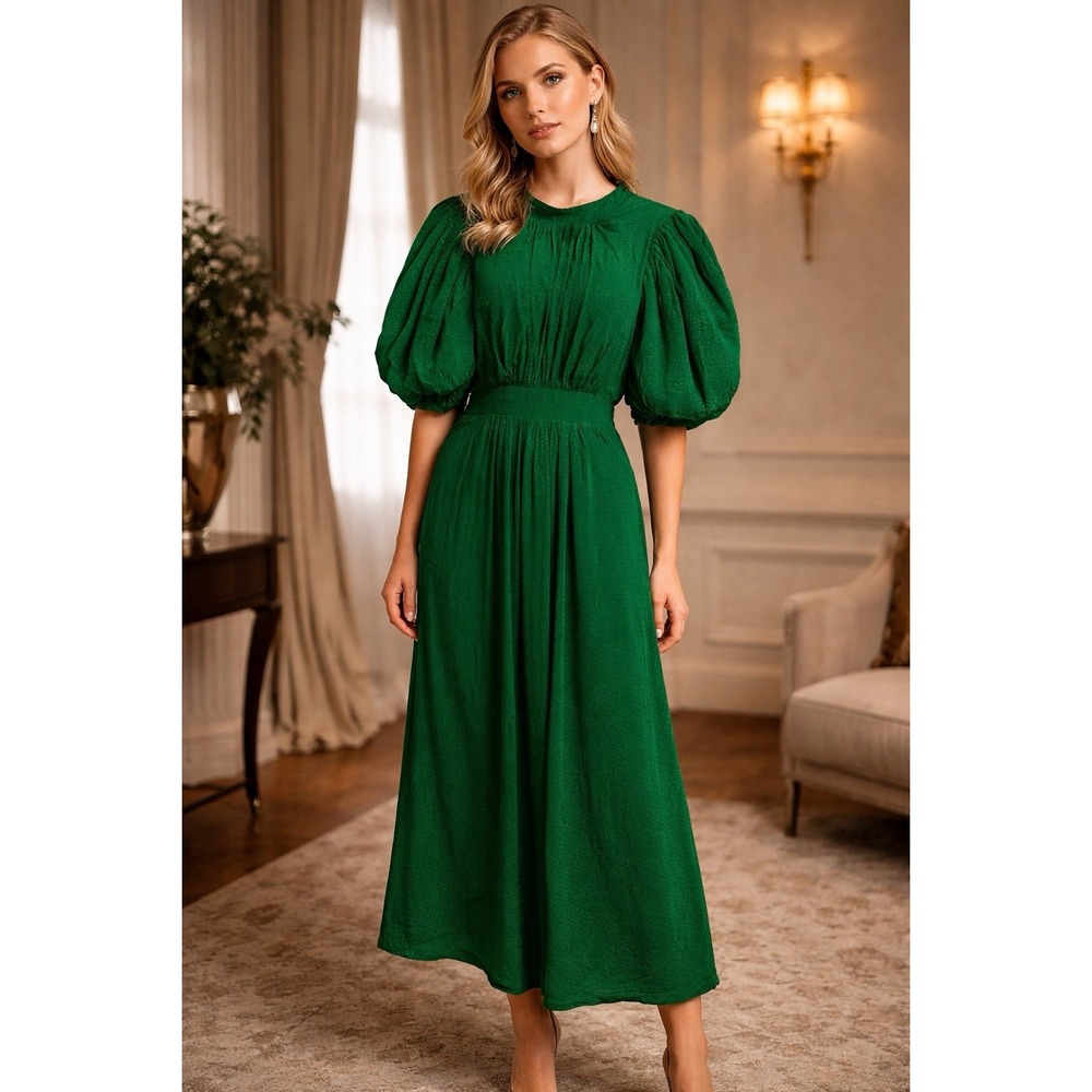 ROTATE Birger Christensen Emerald Puff Sleeve Midi Dress Smocked‎ Maximalist